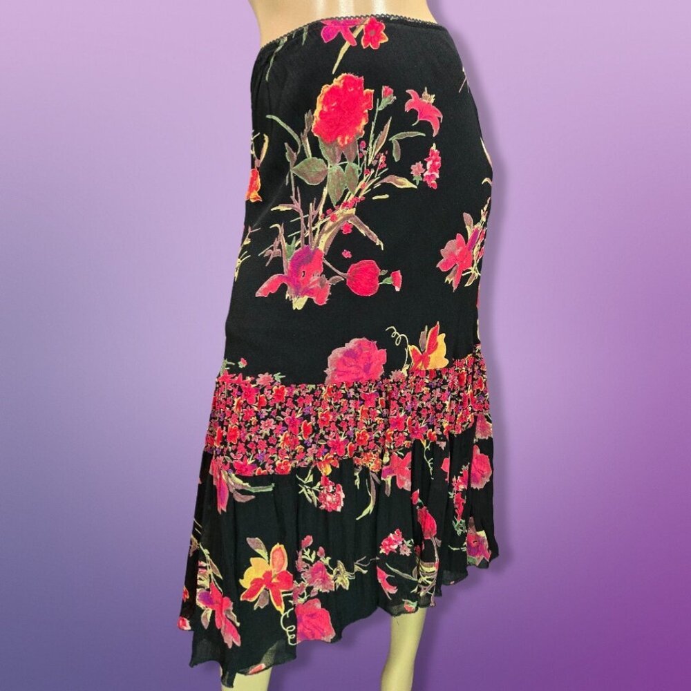 Vintage 90s Y2K Black Floral Midi Skirt Beaded Size S Fairy Boho Cottagecore